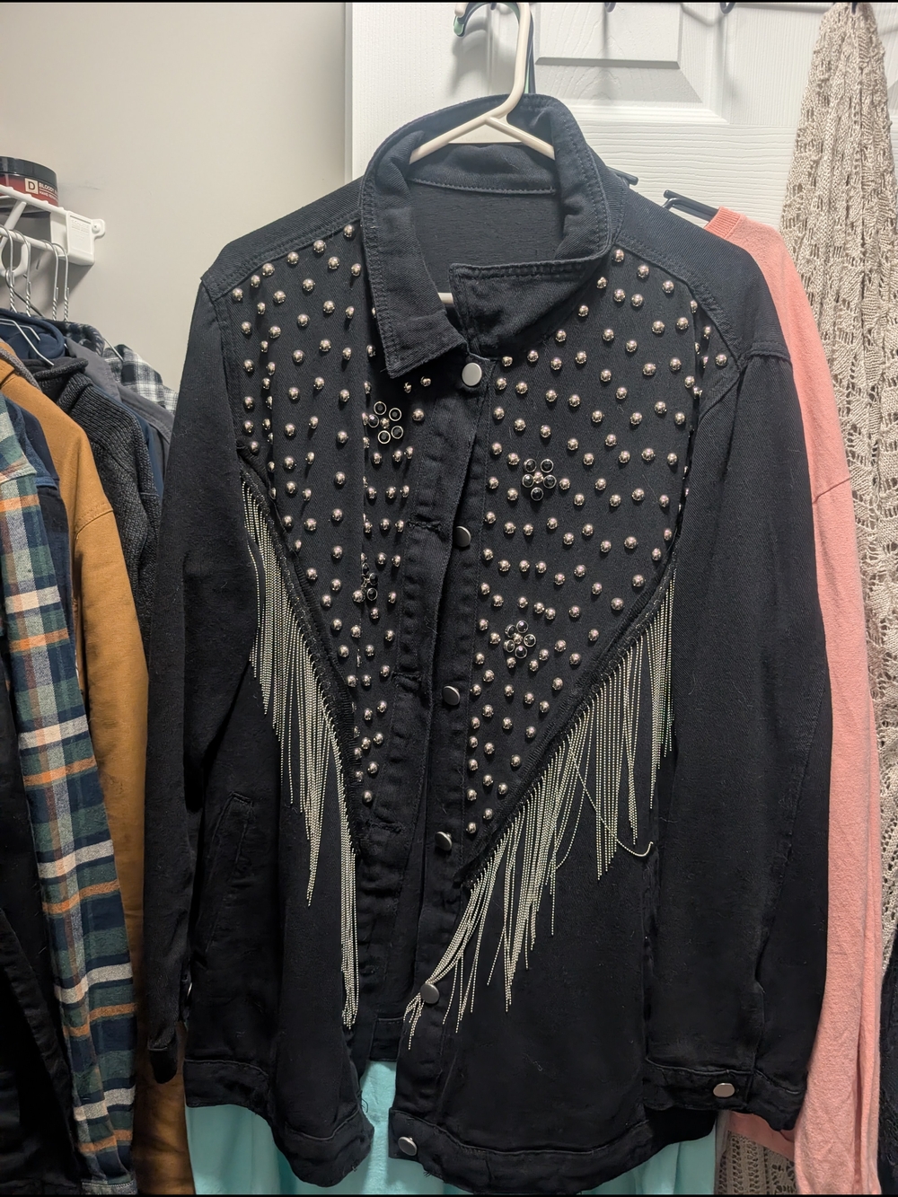 SHEIN Black Studded Fringe Denim Jacket